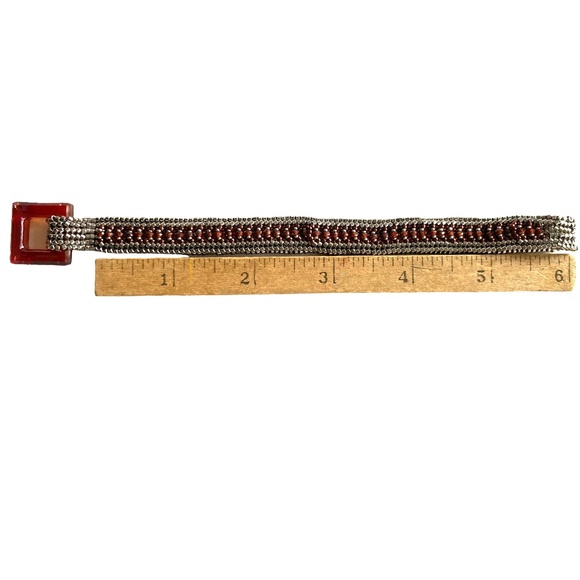 bracelet 7" strand glass seed beads handmade w/square glass clasp silver red - Picture 14 of 16